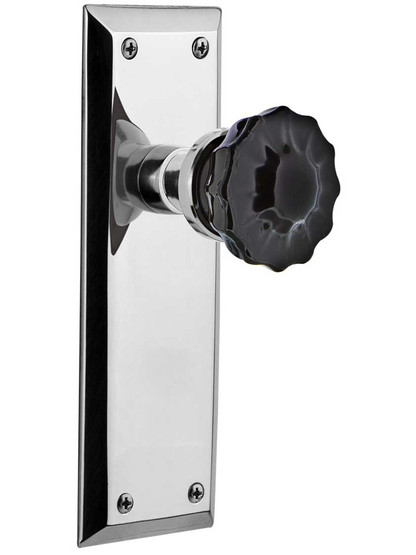 New York Door Set with Colored Fluted Crystal Glass Knobs Black in Polished Chrome.